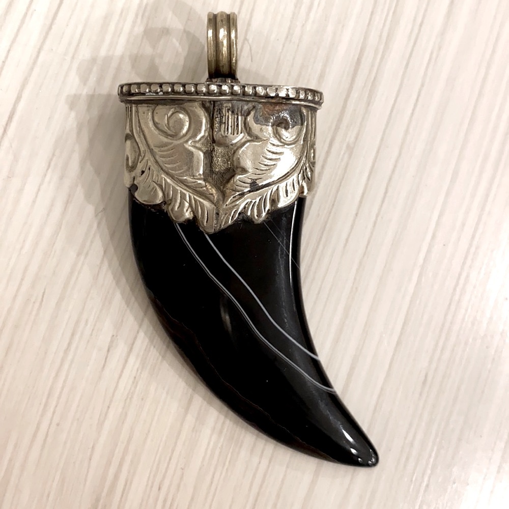 Large Natural Black Onyx Horn  & Silver Pendant / Enhancer